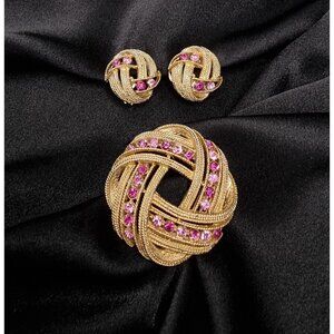 Vintage 1960's Gold-Tone Brooch & Clip-On Earrings Set With Pink Rhinestones